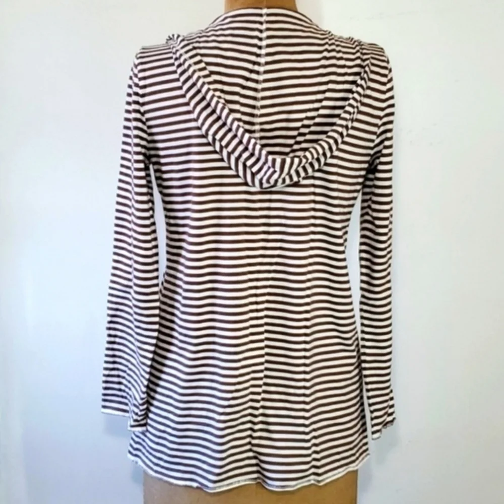 Izod Size M Top Long Sleeve T-Shirt Stripe Brown White Hooded Deep V Neck Layer